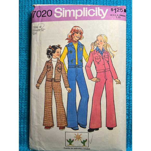 Simplicity 7020 Sewing pattern Girls jacket vest bellbottom pants size 14 - Picture 1 of 5